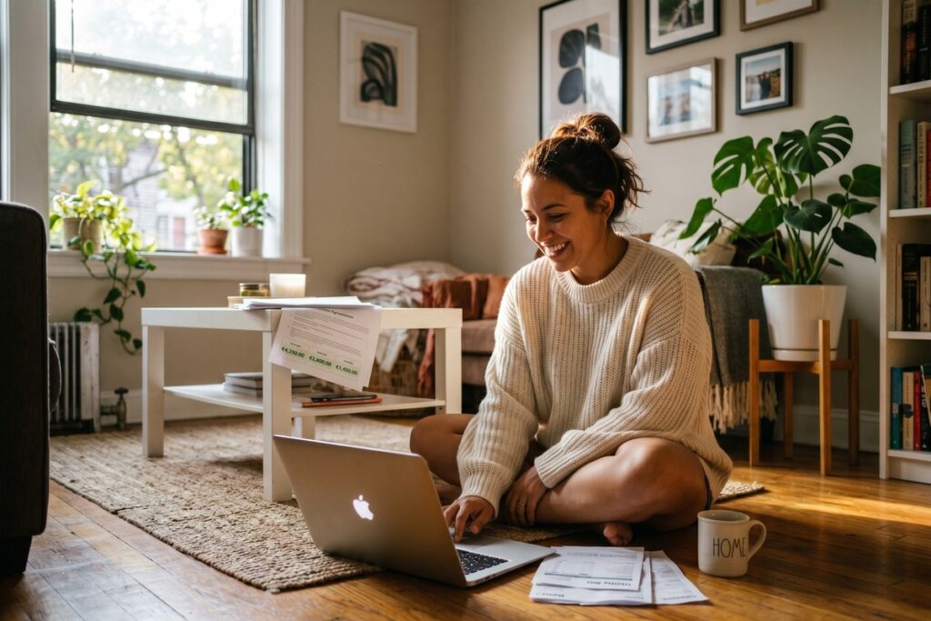 Renter reviewing budget on laptop and cutting monthly expenses at home
