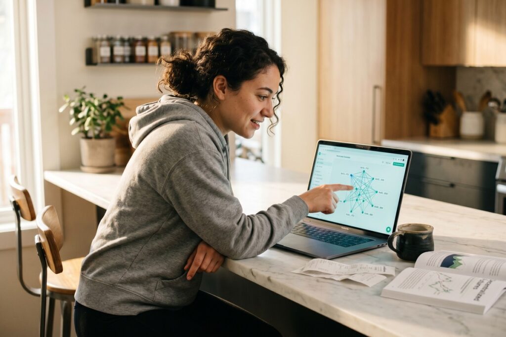 Beginner learning about decentralized finance on a laptop with blockchain graphics in the background