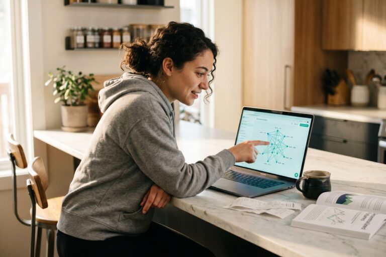 Beginner learning about decentralized finance on a laptop with blockchain graphics in the background