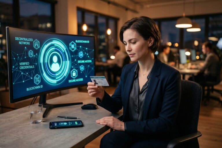 Decentralized identity concept in fintech showing secure digital data ownership on a blockchain network