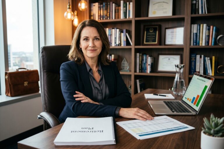 Small business owner reviewing defined benefit plan documents at desk with retirement savings charts