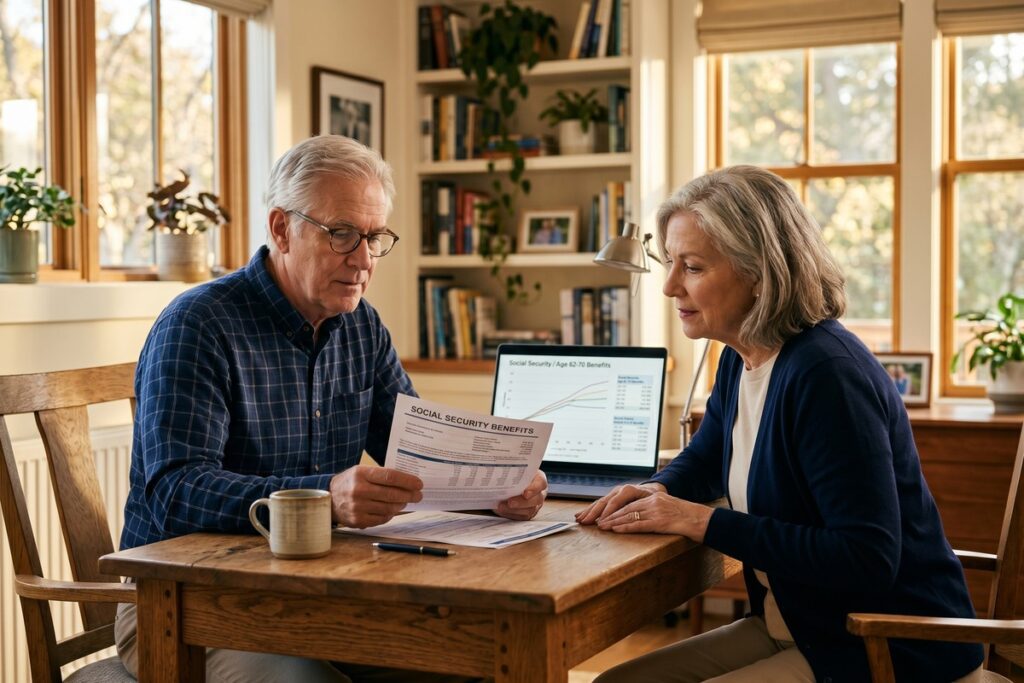 Retiree reviewing Social Security benefits statement at kitchen table weighing early vs delayed claiming options