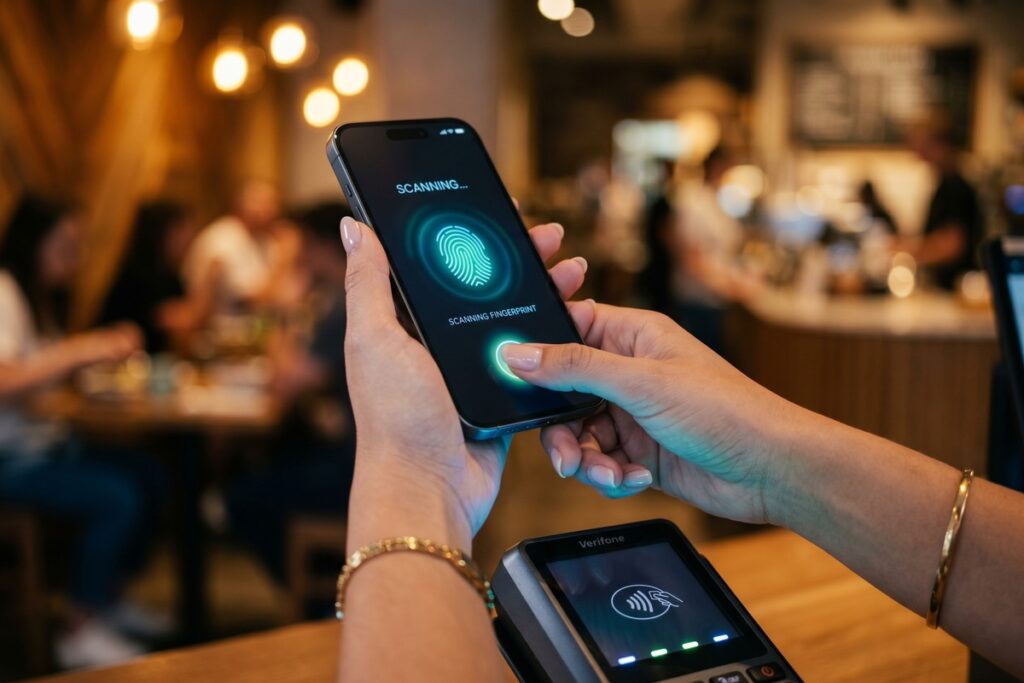 Person securely using a digital wallet app on a smartphone in 2026 with security shield overlay