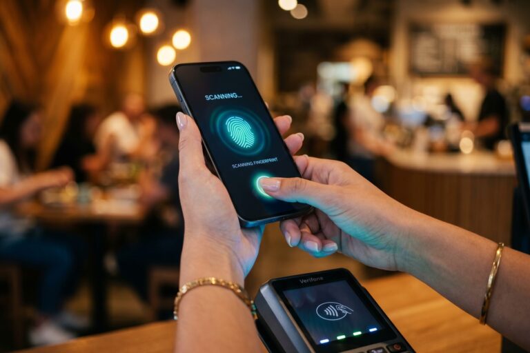 Person securely using a digital wallet app on a smartphone in 2026 with security shield overlay