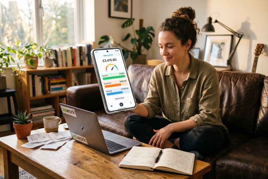 Freelancer managing irregular income using a digital wallet app on smartphone