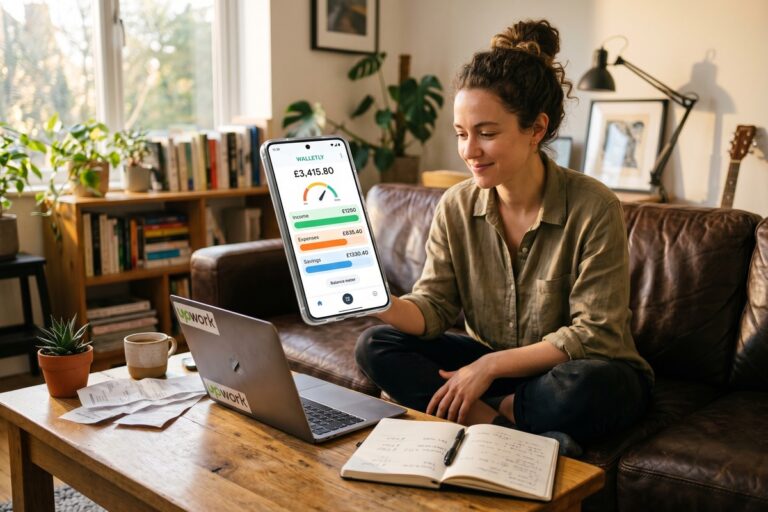 Freelancer managing irregular income using a digital wallet app on smartphone