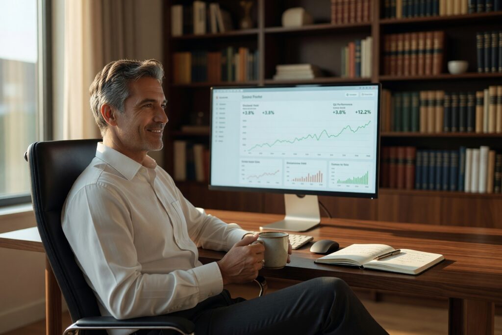 Beginner investor reviewing dividend stocks on a laptop to build passive income