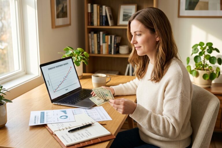 Investor using dollar-cost averaging strategy to build wealth over time with consistent contributions
