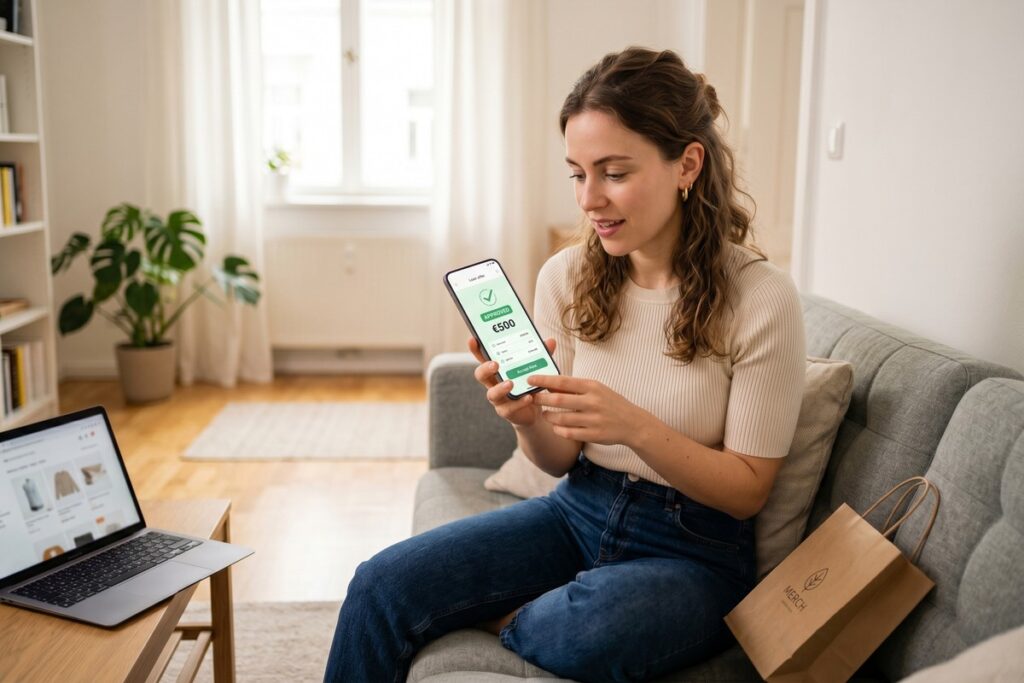 Person using a smartphone app that offers an embedded finance loan option on screen
