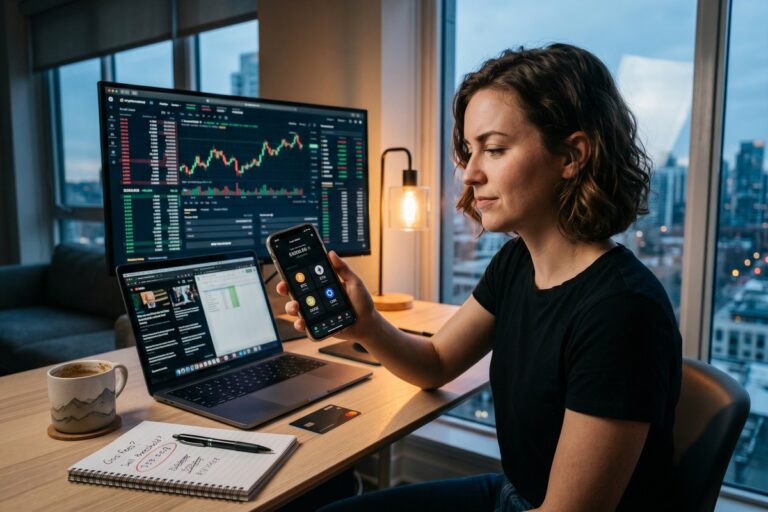 Fintech crypto on-ramp interface showing fees, deposit limits, and transaction details on a smartphone screen