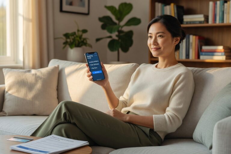 Person using a fintech app on smartphone to manage healthcare payments and medical bills