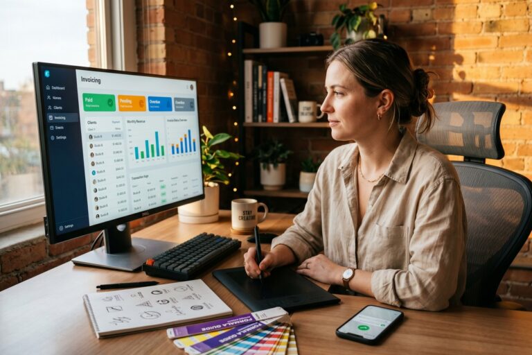 Freelance designer using fintech invoicing tools on laptop to reduce late payments