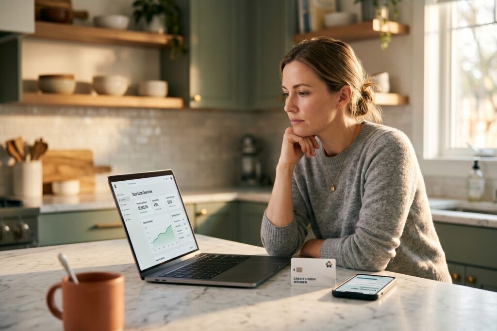 Person comparing fintech lending platform and credit union options on a laptop and phone for a personal loan
