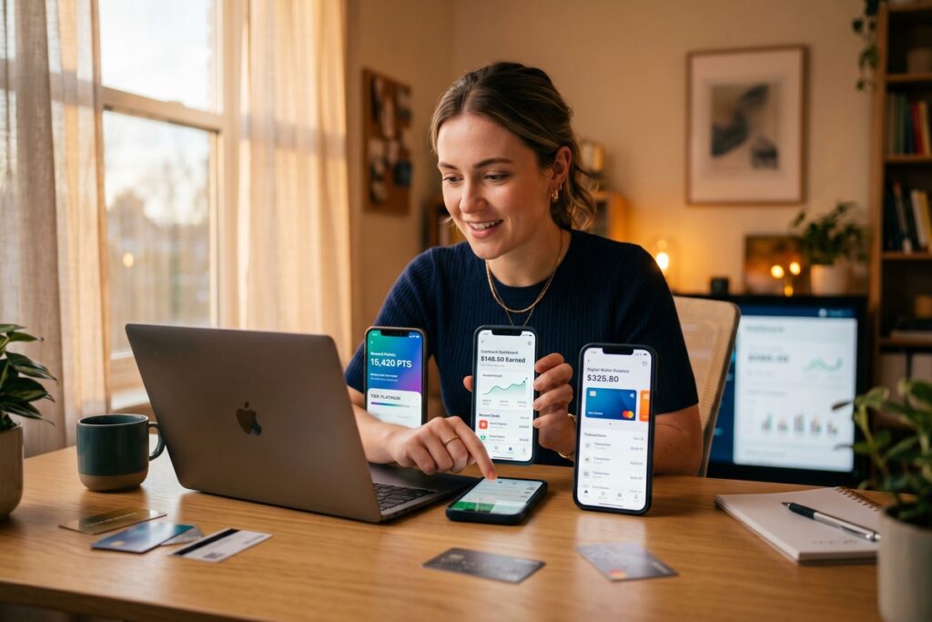 Person using multiple fintech apps on smartphone to stack rewards and maximize cashback across platforms