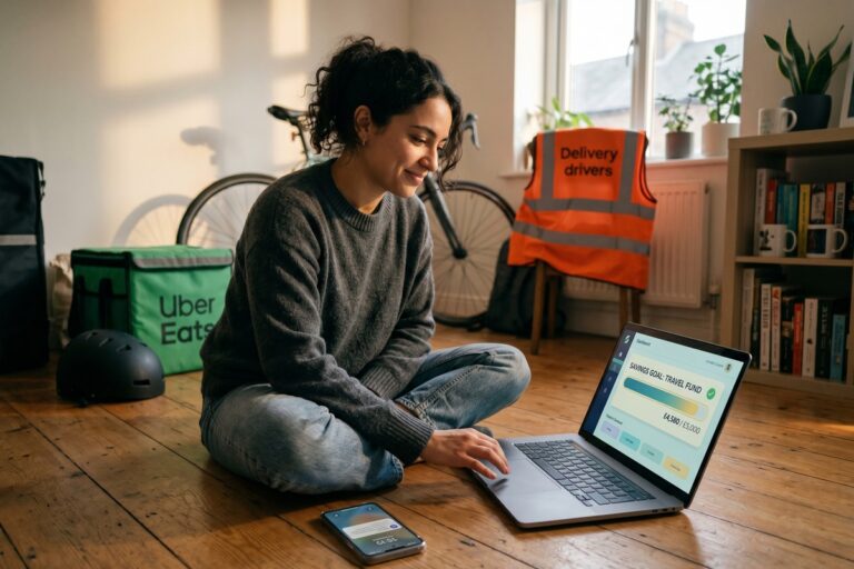 Gig worker using fintech tools on smartphone to build emergency fund