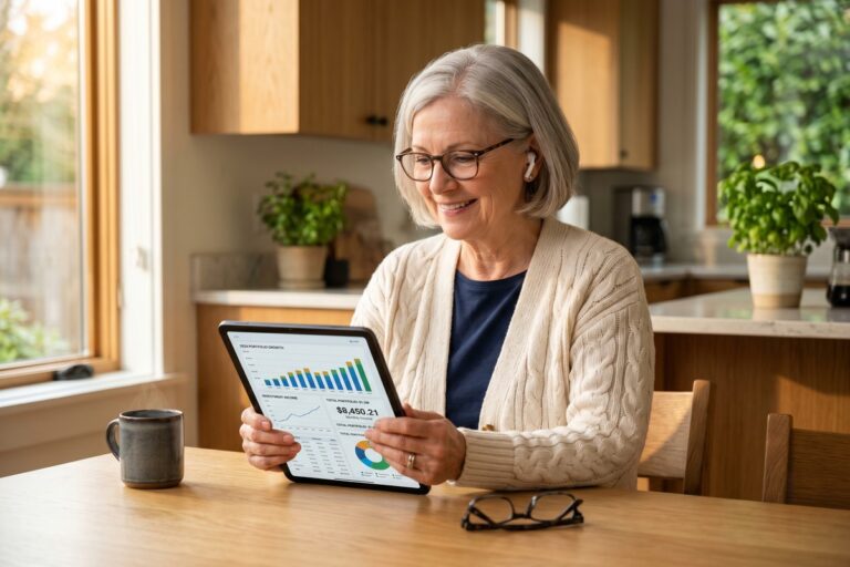 Retired couple using fintech tools on a tablet to manage fixed income streams without a broker