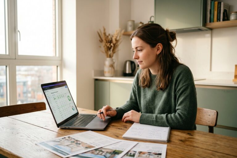 First-time homebuyer using AI mortgage tools on a laptop to compare mortgage rates without a broker