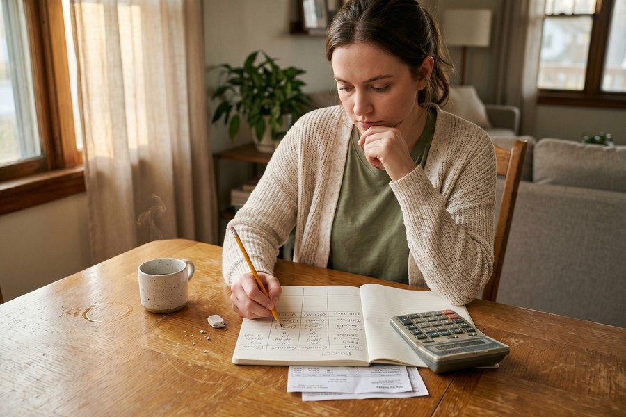 Homebuyer comparing mortgage Loan Estimate documents at a kitchen table