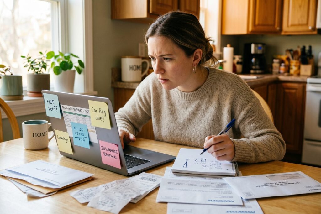 Person reviewing a budget spreadsheet discovering forgotten expense categories