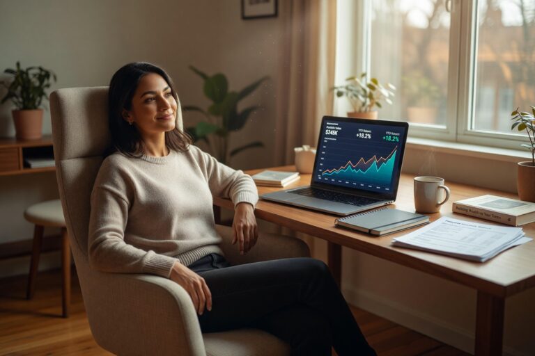 Freelancer reviewing investment portfolio charts on laptop showing $200000 growth over five years