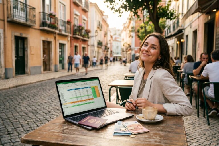 Person working remotely on a laptop in a low-cost city representing geographic arbitrage wealth building
