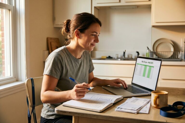 Gig worker reviewing a bare-bones budget spreadsheet to pay off $18,000 in debt