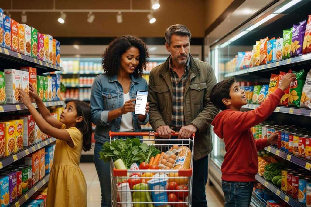 Family of four grocery shopping on a budget in a supermarket
