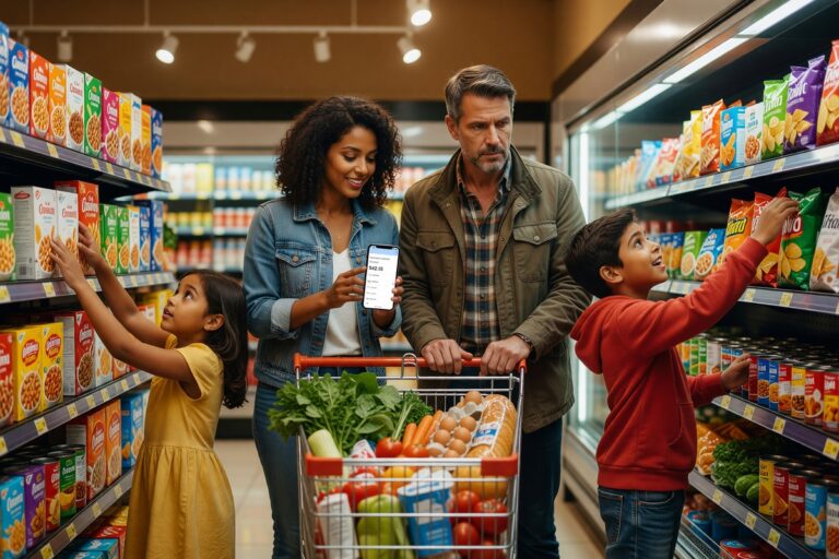 Family of four grocery shopping on a budget in a supermarket