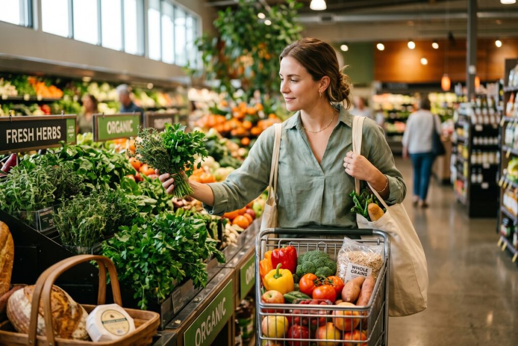 Person reviewing grocery budgeting strategies with a notepad and receipt in hand at a kitchen table
