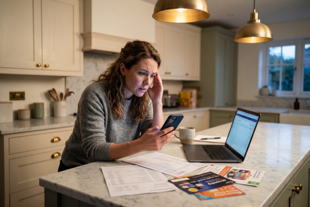 Person reviewing bank statement shocked by hidden budget costs from subscriptions and fees