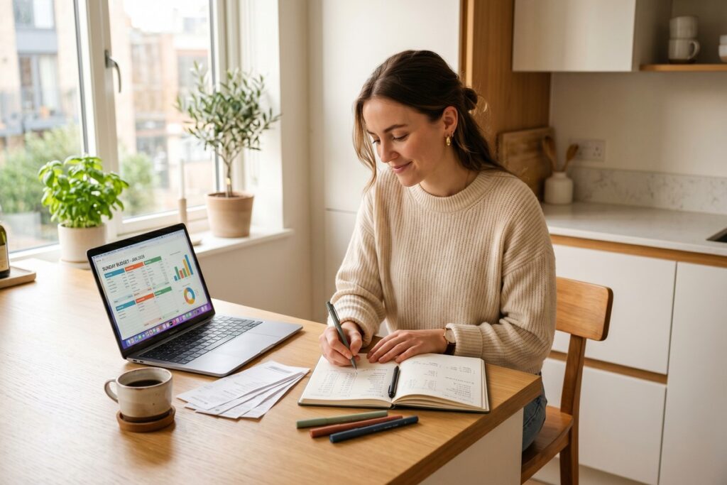 Person sitting at a desk building a monthly budget from scratch using a notebook and laptop