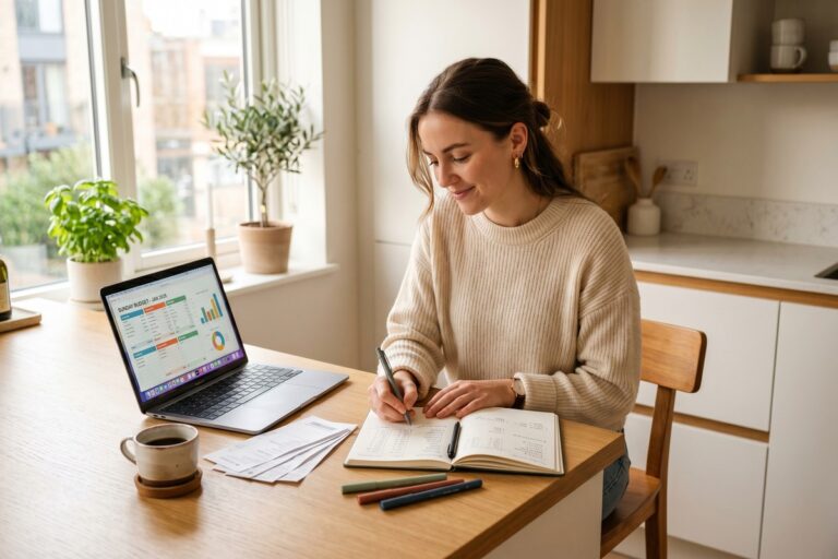 Person sitting at a desk building a monthly budget from scratch using a notebook and laptop
