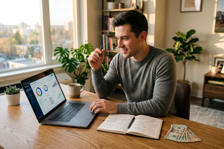 A 25-year-old reviewing an investment plan with $10,000 saved on a laptop
