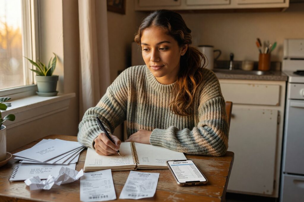 Person reviewing monthly budget on a notebook and calculator while managing limited income