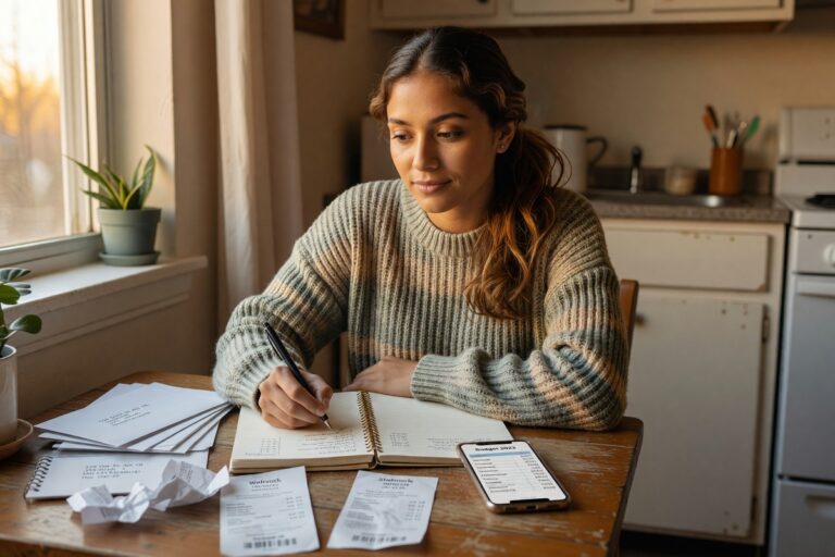 Person reviewing monthly budget on a notebook and calculator while managing limited income