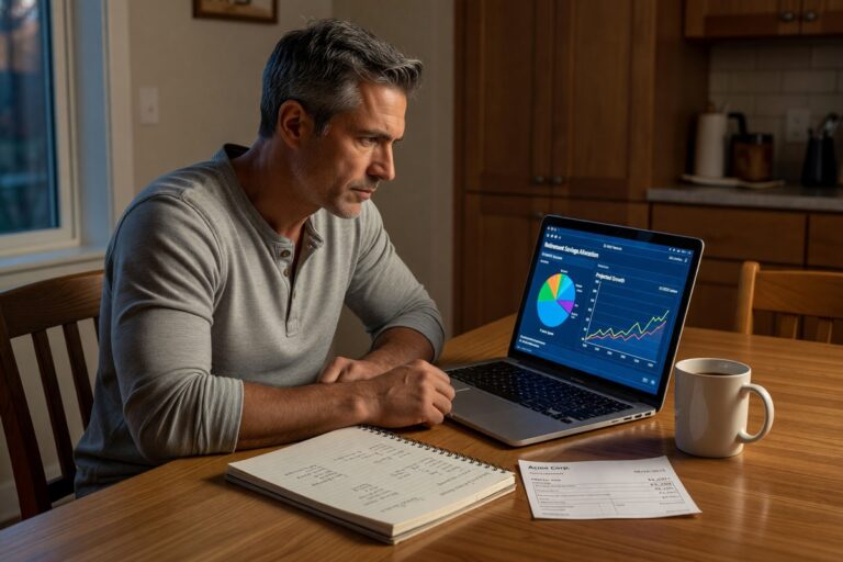 A person in their 40s reviewing a retirement savings plan at a desk with a calculator and financial documents