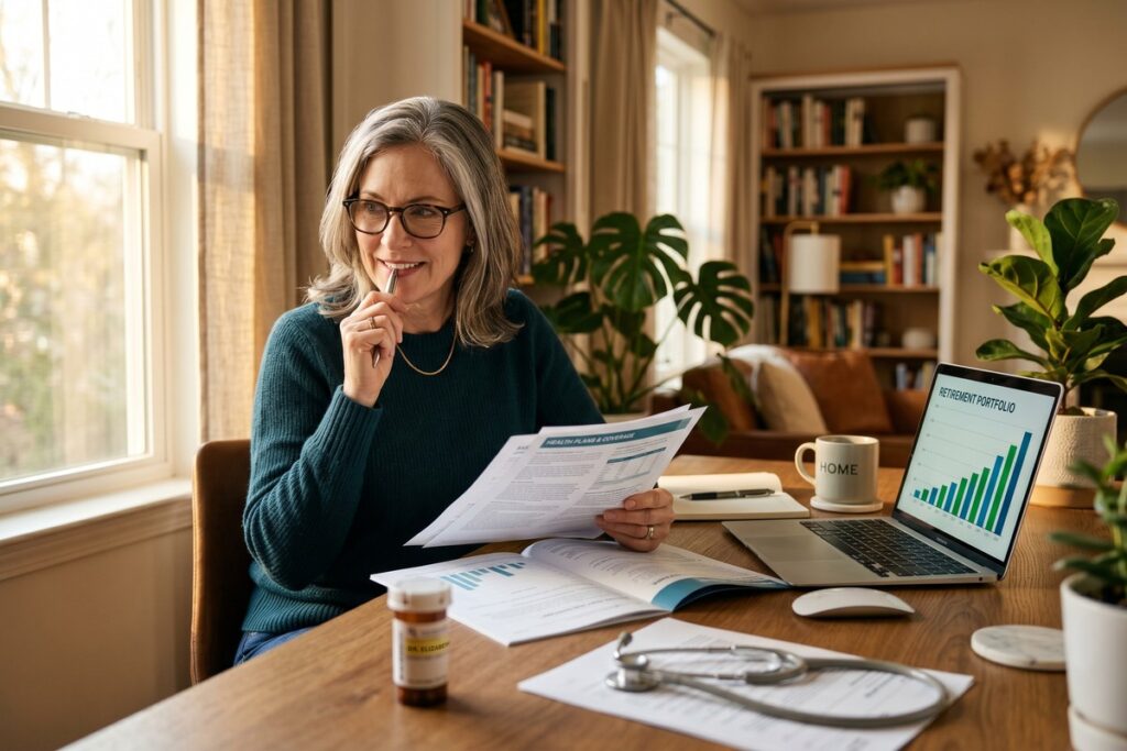 Person reviewing HSA retirement strategy documents with calculator and retirement savings plan on desk