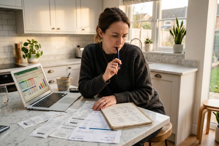 Person reviewing a household budget spreadsheet affected by inflation in 2026