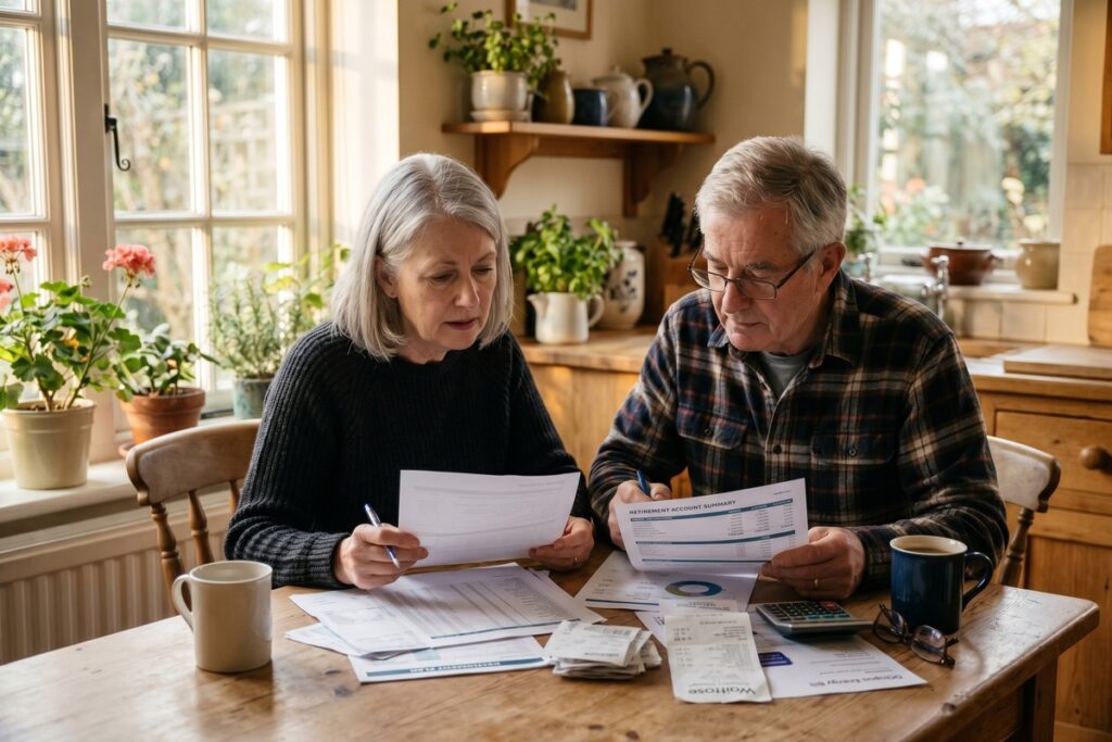 Retired couple reviewing shrinking savings chart showing impact of inflation on retirement funds