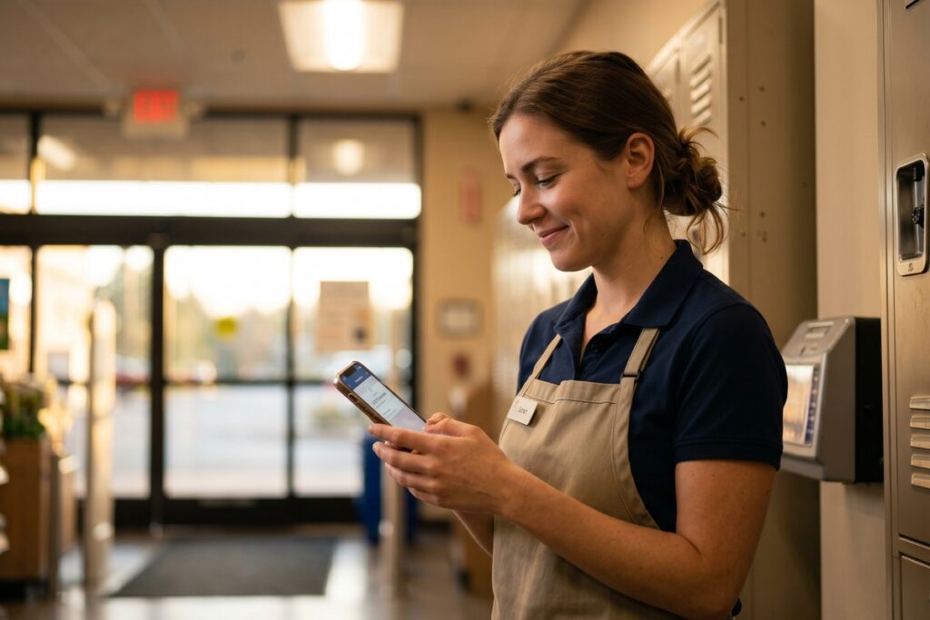 Hourly worker using instant pay app on smartphone to access earned wages before payday
