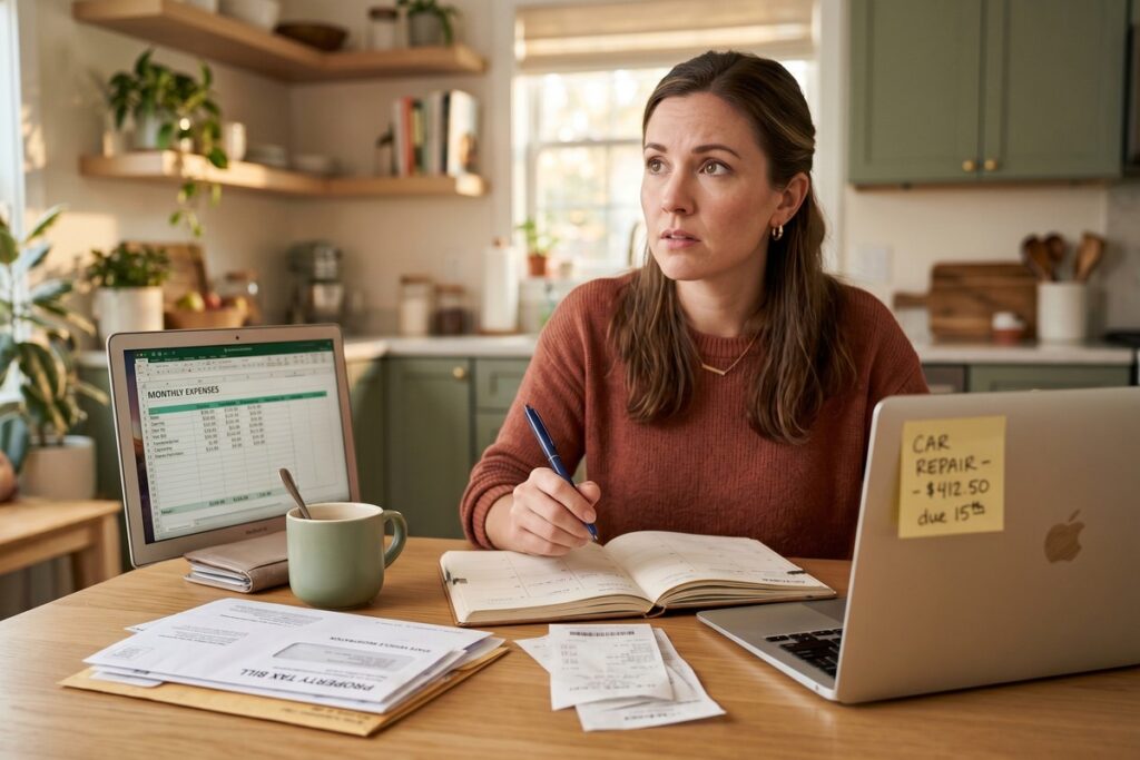 Person reviewing a calendar and budget planner to track irregular and forgotten expenses throughout the year