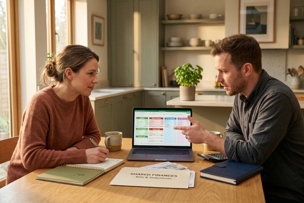 Married couple reviewing joint budget vs separate finances at home