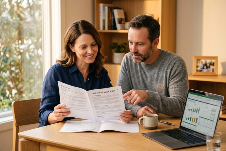 Financial advisor explaining life insurance wealth strategy with charts and documents on a desk