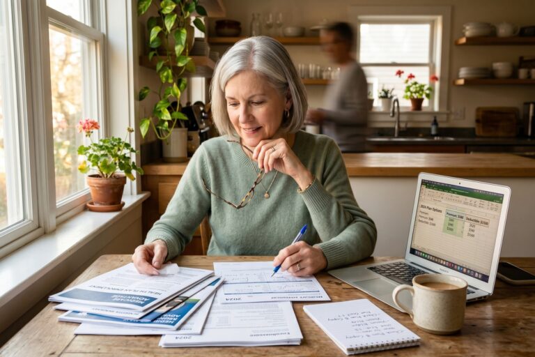 Senior couple reviewing Medicare costs and retirement healthcare plan documents at home