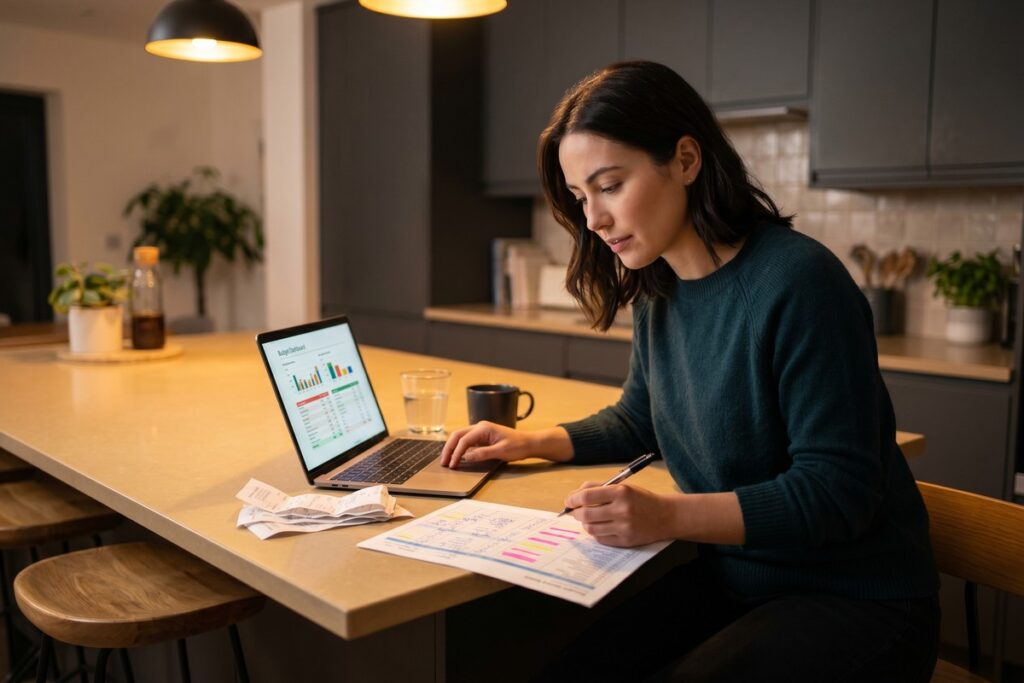 Person using a spreadsheet and calculator to apply a micro budgeting strategy for tracking every dollar