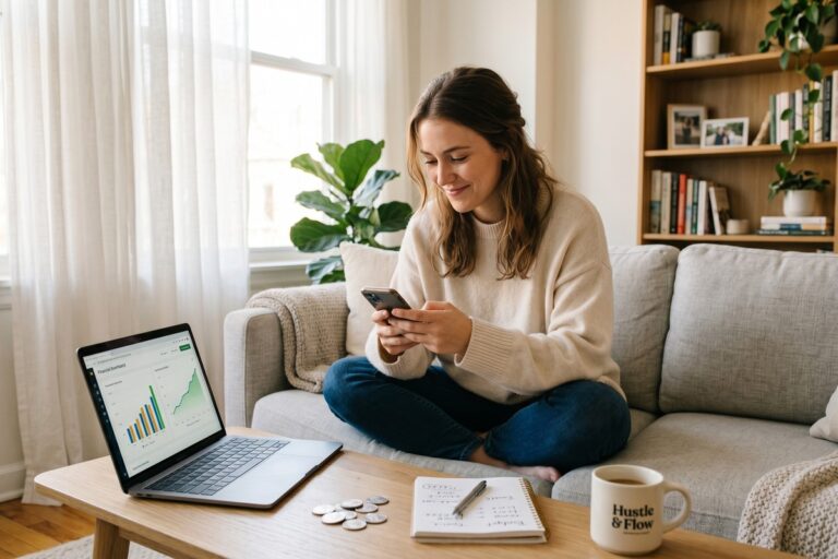 Recent graduate using a micro-investing app on her smartphone to build her first investment portfolio