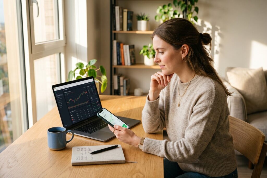 Side-by-side comparison of micro-investing app and full brokerage account on smartphone and laptop screens