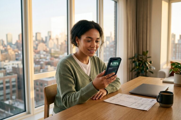 Neobank high yield savings account interface on smartphone next to a traditional bank building