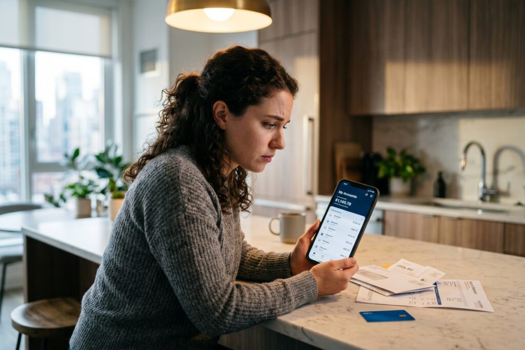 Person reviewing neobank app on smartphone to avoid primary account mistakes