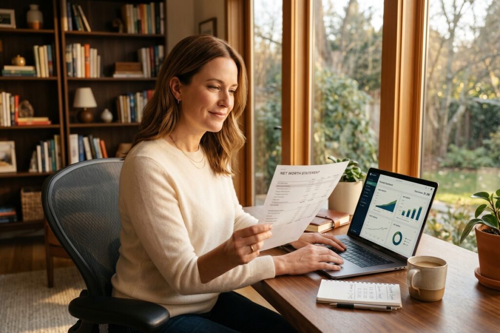 Person reviewing net worth chart on laptop illustrating net worth mindset wealth building strategy